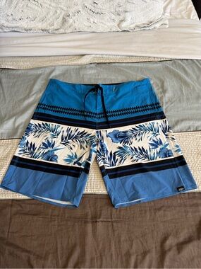 Boys' Blue Tropical Print Swim Trunks with Drawstring